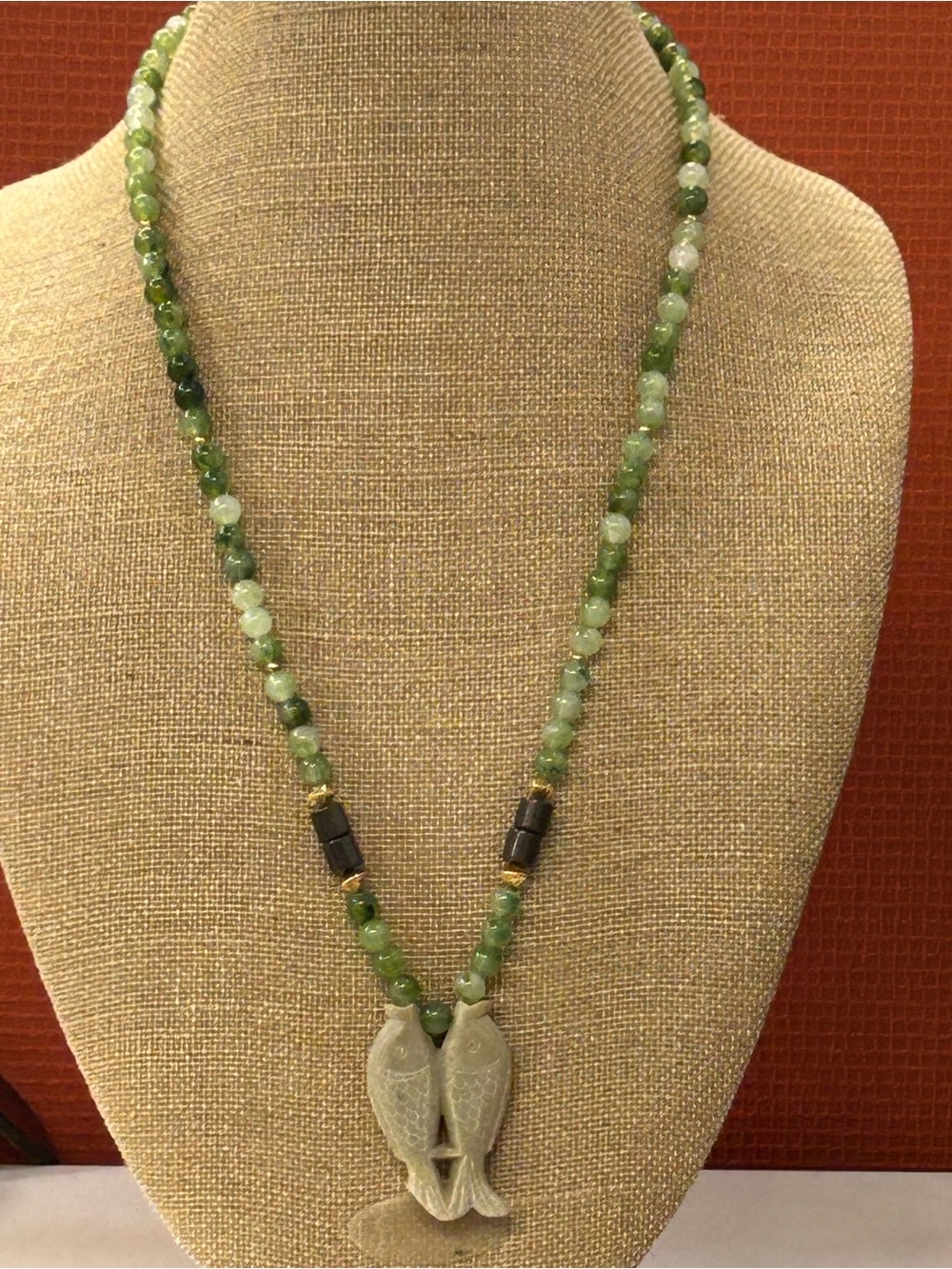 Freirich 1960’s vintage Green Beaded Necklace with Carved fish Pendant
